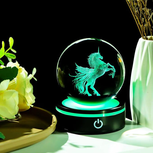 YWHL Unicorn Gifts for Women, 3D Laser Unicorn Figurines Crystal Ball Decor with Colorful Light Base, Gifts for Birthday Christmas, Glass Animals Statue for Home Decorations(80mm)