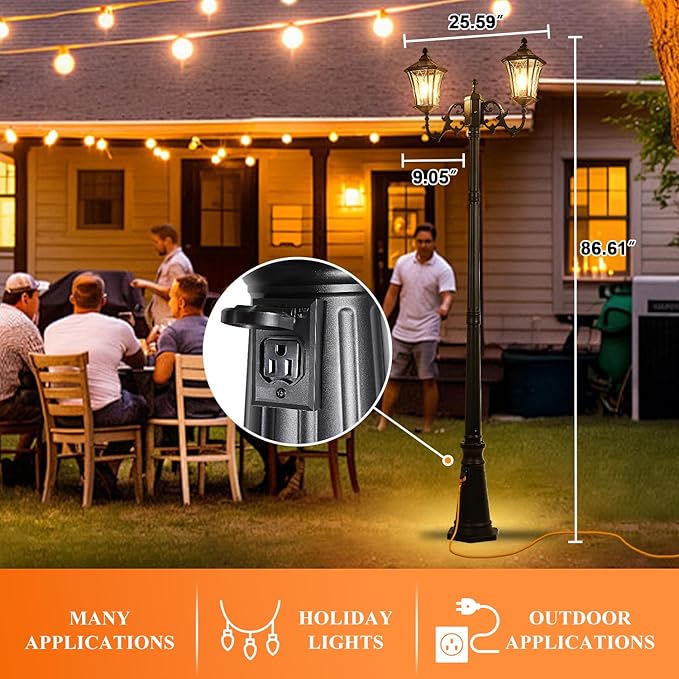 Dusk to Dawn Outdoor Lamp Post Lights with Outlet, Hardwired 2-Head Street Light Fixtures with Patterned Glass, Waterproof Outside Pole Lamps for Backyard, Garden, Driveway