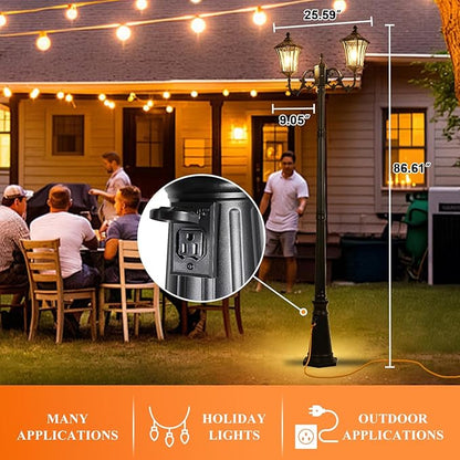 Dusk to Dawn Outdoor Lamp Post Lights with Outlet, Hardwired 2-Head Street Light Fixtures with Patterned Glass, Waterproof Outside Pole Lamps for Backyard, Garden, Driveway