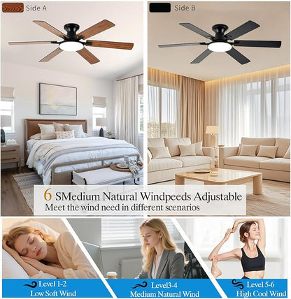 Ceiling Fans with Lights,54 Inch Low Profile Ceiling Fan with Light and Remote Control,6 Speeds/6 Blade,Flush Mount,LED Dimmable DC Reversible Modern, Brown Ceiling Fan for Bedroom/Living Room