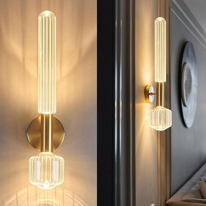 Gold Wall Sconces, Modern Bathroom Light Fixture Dimmable LED Wall Sconces with Glass Shade, Bathroom Sconces Wall Lighting for Bedroom Living Room