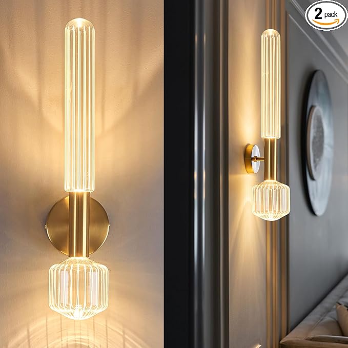 Gold Wall Sconces Set of Two, Modern Bathroom Light Fixture Dimmable LED Wall Sconces with Glass Shade, Bathroom Sconces Wall Lighting for Bedroom Living Room