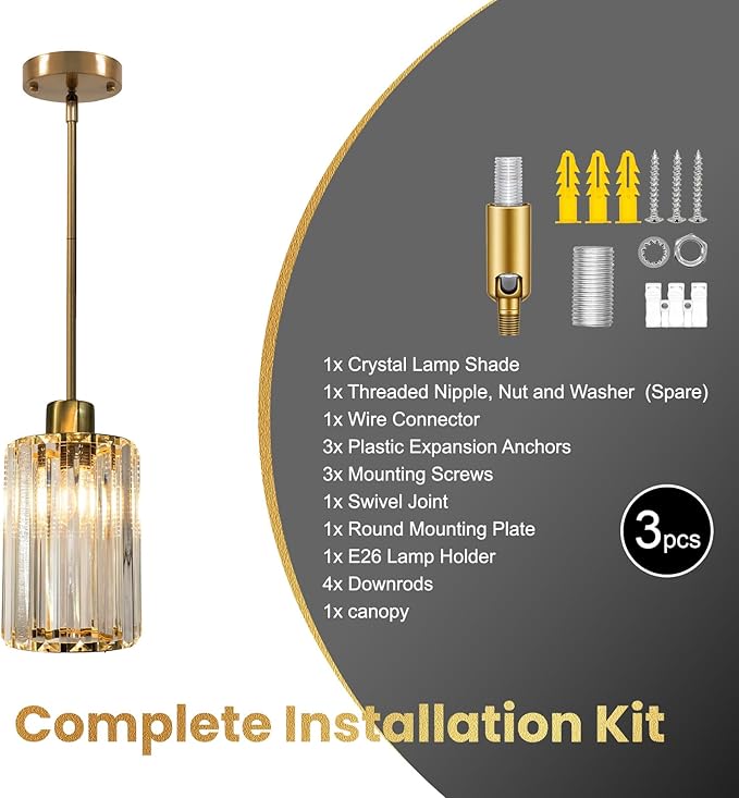 3-Pack Gold Crystal Pendant Lights for Kitchen Island, Adjustable Modern Hanging Light Fixtures for Flat or Sloped Ceiling, E26 Mini Pendant Lights with Crystal Glass Shade for Dining Room Bar