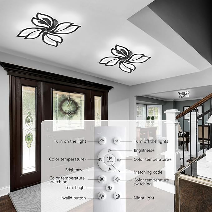 Modern Black Ceiling Light Fixture, 24" Flower Dimmable LED Light Fixtures, Low Profile Flush Mount Ceiling Light with Remote Control for Bedroom, Kitchen, Living Room
