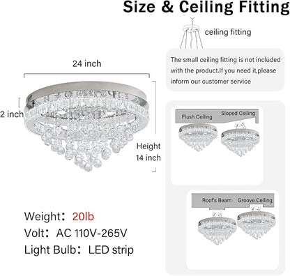 Dia 24" Modern Crystal Chandeliers for Dining Room,Silver Raindrop Chandelier Flush Mount Chandeliers for Living Room Bedrooms Dining Room Dimmable 2700k 4500k 6000k