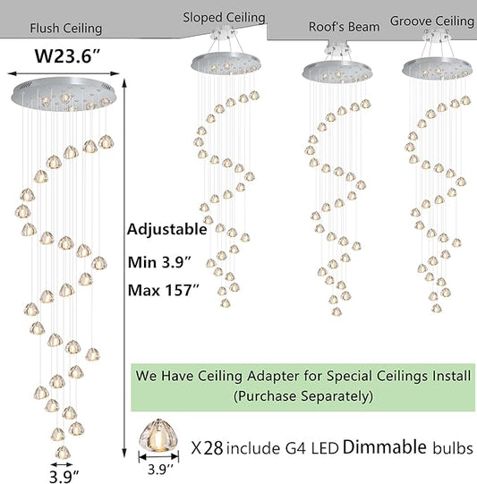 HAIXIANG 13ft Modern LED Chandeliers for Entryway Living Room Long Light High Ceiling Dining Room Light Dimmable Pendant Lighting Fixtures Chandelier for Foyer Staircase Polished Chrome