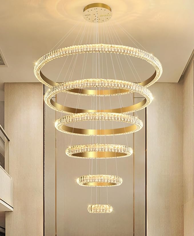 47" 6 Ring Crystal Chandelier Modern LED Dimmable Ring Pendant Light Chandelier for Dining Room Living Room Gold