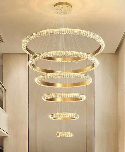47" 6 Ring Crystal Chandelier Modern LED Dimmable Ring Pendant Light Chandelier for Dining Room Living Room Gold