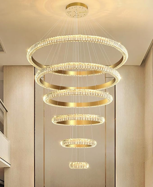 47" 6 Ring Crystal Chandelier Modern LED Dimmable Ring Pendant Light Chandelier for Dining Room Living Room Gold