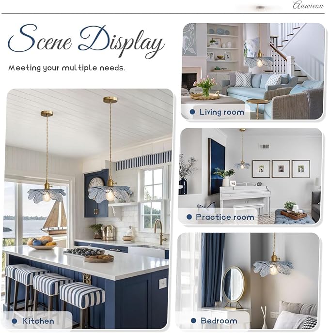 Glass Pendant Lights Kitchen Island 2 Pack Vintage Farmhouse Style with Blue Glass Flower Shade, Gold Unique Hanging Pendant Lighting for Dining Room Cabinets Bedroom entryway
