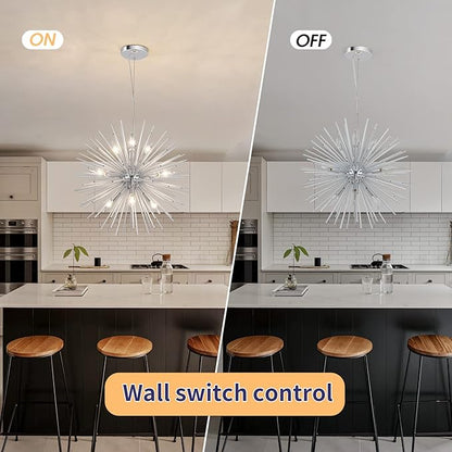 Modern Chrome Sputnik Chandeliers, 9-Light Satellite Pendant Light fixtures, Starburst Firework Ceiling Lights for Bedroom Living Room Dining Room Kitchen Island Hallway, E12 Socket(Dia:19.7'')