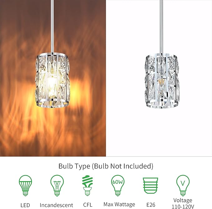 MEXO Modern Crystal Pendant Light Fixture 2-Pack Chrome Finish Hanging Lighting Crystal Chandelier for Kitchen Island