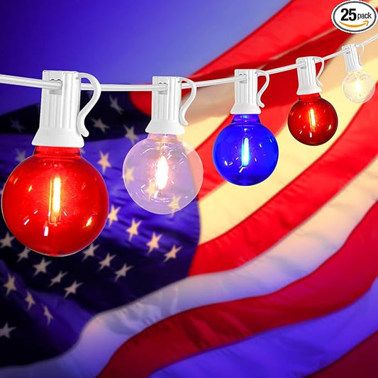 G40 LED Red White and Blue Lights, 27.8 FT 4th of July Lights Plug in with 25+3 Bulbs, Patriotic Decorations Outdoor String Light for Memorial Day Independence Day Patio Garden Backyard Bistro Decor