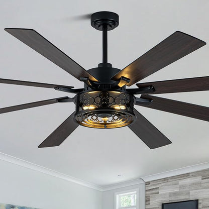 72 Inch Ceiling Fan with Lights and Remote Large Farmhouse Ceiling Fan Black Caged Fandelier Industrial Rustic Chandelier Light, Reversible Quiet DC Motor 6 Speed for Indoor Outdoor