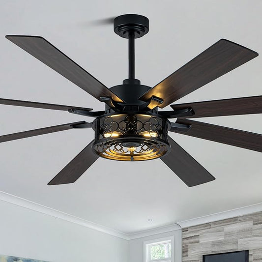 72 Inch Ceiling Fan with Lights and Remote Large Farmhouse Ceiling Fan Black Caged Fandelier Industrial Rustic Chandelier Light, Reversible Quiet DC Motor 6 Speed for Indoor Outdoor
