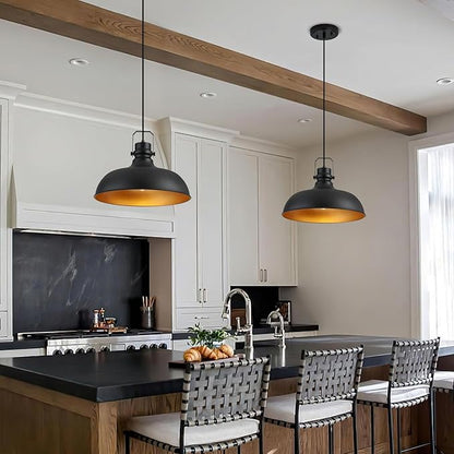 Black Farmhouse Pendant Lights 16 Inch Matte Pendant Lighting for Kitchen Island Industrial Adjustable Height Vintage Dome Hanging Light Fixtures for Barn, Dining Room 2 Packs