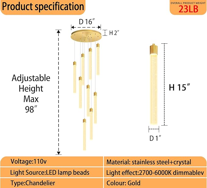 Modern 9-Lights Gold Crystal Column Chandeliers for Entrance Dimmable LED Pendant Lighting Hanging Lights for Dining Room Bedroom Foyer Staircase Living Room