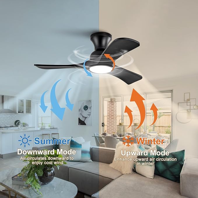 36 inch Black Ceiling Fans with Lights Flush Mount, Solid Wood,Remote Control,Wall Switch,Dimmable,Reversible,Noiseless,Power Off Memory Modern Ceiling Fan Low Profile for Bedroom Indoor/Outdoor