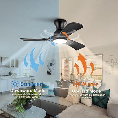 36 inch Black Ceiling Fans with Lights Flush Mount, Solid Wood,Remote Control,Wall Switch,Dimmable,Reversible,Noiseless,Power Off Memory Modern Ceiling Fan Low Profile for Bedroom Indoor/Outdoor