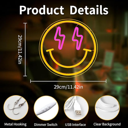 Smile Face Neon Sign Smile Neon Signs for Wall Decor Dimmable Neon Lights Smile Face Led Sign Happy Face Neon Sign for Girls Bedroom Birthday Party Decor