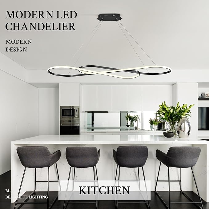 Modern LED Chandelier Black Dimmable LED Pendant Light for Dining Room Light Fixture Over Table Modern Kitchen Island Lighting High Ceiling with Remote for Living Room(56 Inch, 3000K-6500K)