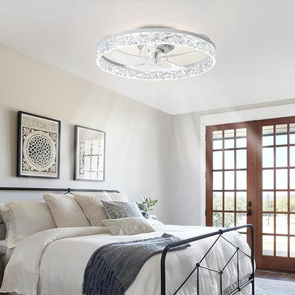 Depuley Ceiling Fans with Lights and Remote: 20" Modern Low Profile Flush Mount LED Ceiling Fan for Bedroom App Control - White Crystal Bladeless Fandelier for Living Room Kitchen Dimmable DC Motor