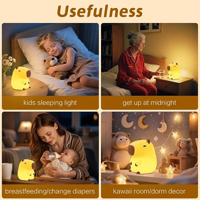 Capybara Night Light, Cute Squishy Lamp Capybara Gifts, Rechargeable Dimmable Animal Silicone Nightlight, Kids LED Capybaras Light, Light Up Capybaras Toy Stuff, Boys Girls Room Dorm Décor