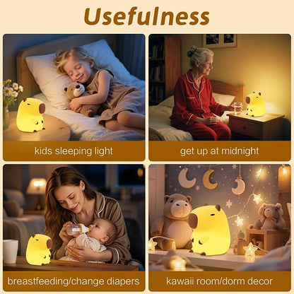 Capybara Night Light, Cute Squishy Lamp Capybara Gifts, Rechargeable Dimmable Animal Silicone Nightlight, Kids LED Capybaras Light, Light Up Capybaras Toy Stuff, Boys Girls Room Dorm Décor