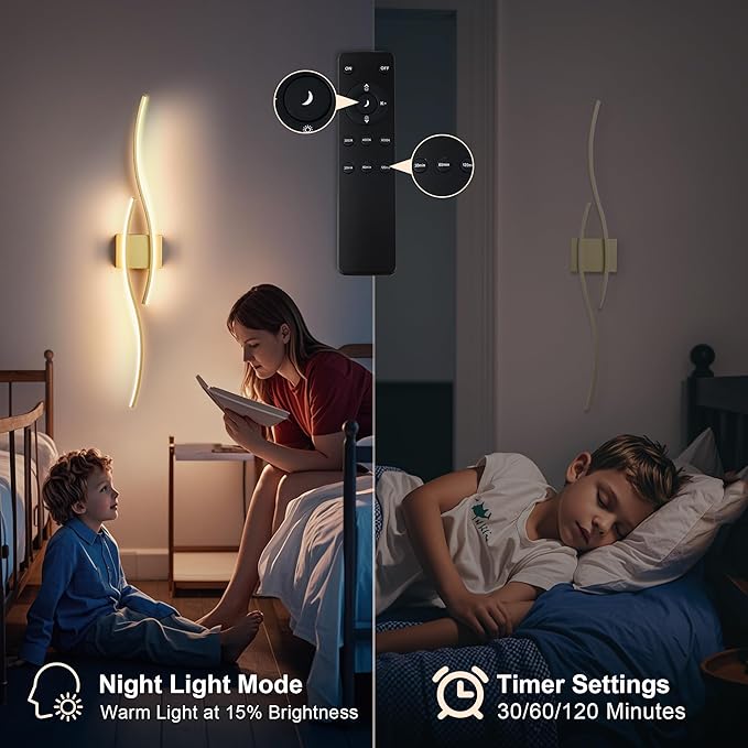 KARTOOSH Battery Operated Wall Sconces Set of Two with Remote Control, Dimmable/3 Colors/Night-Light/Timer/Memory, Gold Modern Wireless LED Sconce for Living Room, Hallway, Bedroom, 39.3 Inch (2 Pack)