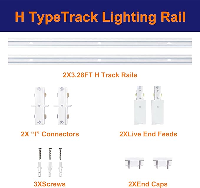 White Aluminum Alloy Shell H Type Track Lighting Rails, 4PCS H Track Lighting Rails Kit 120V Single Circuit 3-Wire 6.5 FT (3.28FT*2) with Extra I Connector Wall Anchors for H Track Lighting Heads
