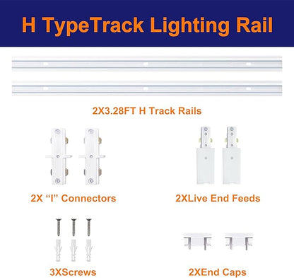 White Aluminum Alloy Shell H Type Track Lighting Rails, 4PCS H Track Lighting Rails Kit 120V Single Circuit 3-Wire 6.5 FT (3.28FT*2) with Extra I Connector Wall Anchors for H Track Lighting Heads