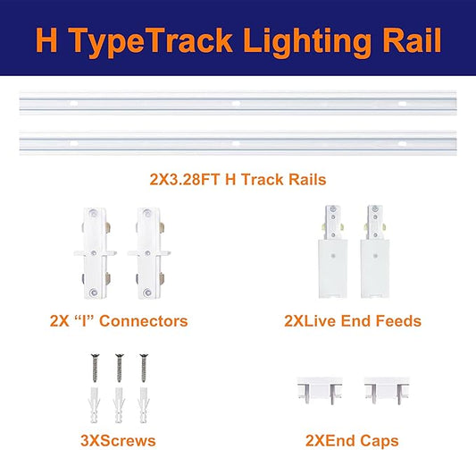White Aluminum Alloy Shell H Type Track Lighting Rails, 4PCS H Track Lighting Rails Kit 120V Single Circuit 3-Wire 6.5 FT (3.28FT*2) with Extra I Connector Wall Anchors for H Track Lighting Heads