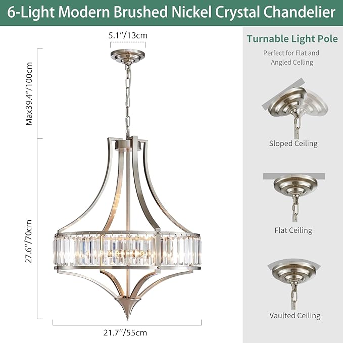 Modern Crystal Chandelier Brushed Nickel, 6-Light Round Pendant Lighting Fixtures, 21.6" Height Adjustable Ceiling Light for Living Room, Kitchen, Dining Room