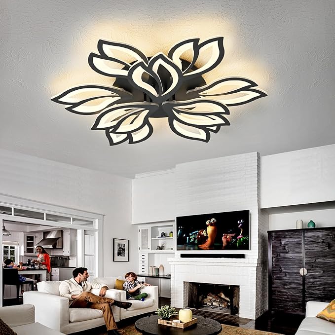 28" Black Modern Flower Dimmable Ceiling Light Fixture, 9 Leaves Low Profile Flush Mount Ceiling Light for Living Room Dining Room Bedroom