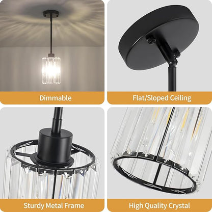 3 Pack Black Pendant Lights Kitchen Island, Modern Crystal Kitchen Pendant Lighting Over Island, Adjustable Hanging Bathroom Light Fixtures Mini Pendant Light for Dining Room Hallway Entryway Foyer