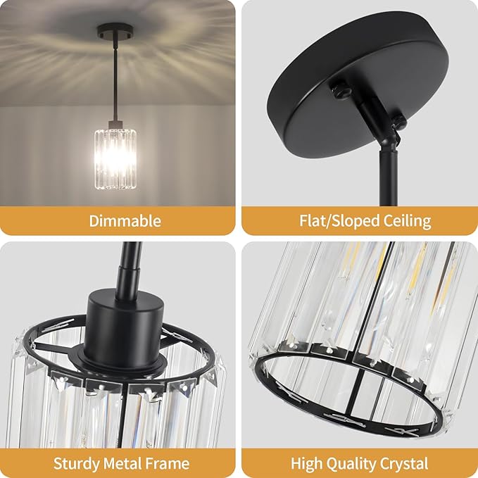 2 Pack Black Pendant Lights Kitchen Island, Modern Crystal Kitchen Pendant Lighting Over Island Dining Room Light Fixtures Adjustable Hanging Pendant Light for Bathroom Hallway Entryway Foyer Bedroom