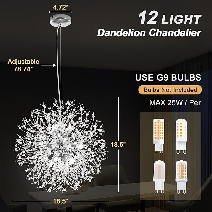 Modern Dandelion Firework Chandelier, Chrome Dining Room Chandelier, Crystal Hanging Pendant Lighting Fixture for Living Room, Bathroom, Bedroom, Entryway, 12-Light