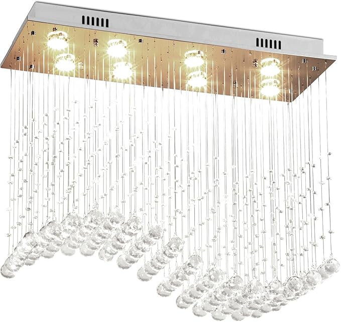 Depuley Modern K9 Crystal Chandelier, 8-Light Rectangle Flush Mount Ceiling Light, Wave Raindrop Crystal Pendant Lighting for Dining Room Kitchen Living Room Bedroom, L31.5'' x W11.8'' x H27.5'