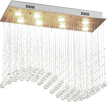 Depuley Modern K9 Crystal Chandelier, 8-Light Rectangle Flush Mount Ceiling Light, Wave Raindrop Crystal Pendant Lighting for Dining Room Kitchen Living Room Bedroom, L31.5'' x W11.8'' x H27.5'