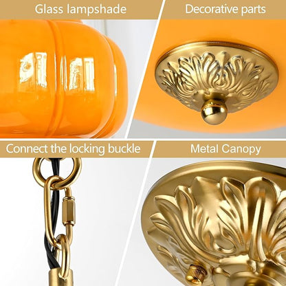 Milk Glass Pendant Light, 15 Inch Yellow Handblown Shade with Antique Brass Hardware, Adjustable Hanging Rod Vintage Chandelier, Dimmable E26 Base Fixture for Kitchen Island, Dining Room, Livingroom