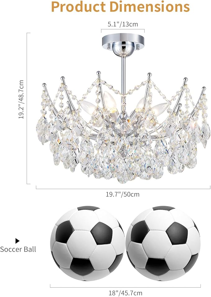 Crystal Ceiling Light Fixture, 6-Lights Modern Crystal Chandeliers for Dining Room Light Fixture, Semi Flush Mount Ceiling Light for Bedroom Kitchen Hallway Entryway Foyer Bathroom Living Room