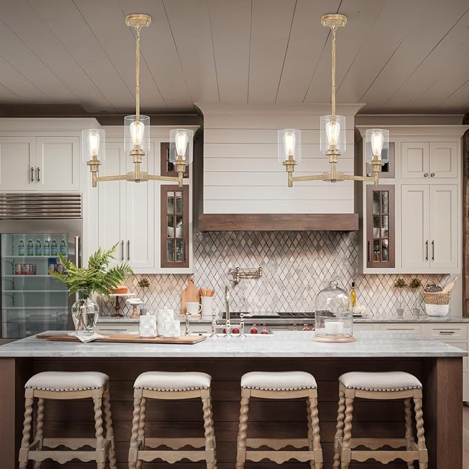 3 Light Farmhouse Chandelier | Rustic Chandeliers for Dining Room Light Fixtures | Fake Wood Hanging Lighting with Clear Glass Cover for Kitchen Island | Entryway | Bathroom | Corridor | Hallway