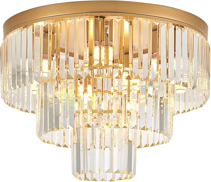 10-Light Gold Crystal Ceiling Light 21.65" Modern Crystal Ceiling Light Fixture 3-Tier Luxury K9 Crystal Flush Mount for Dining Room Kitchen Island Living Room Bedroom Entryway