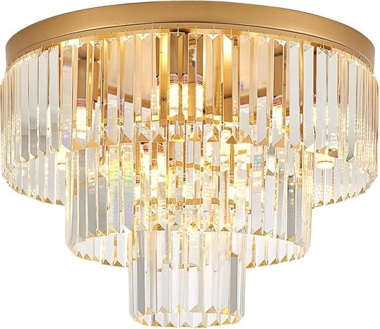 10-Light Gold Crystal Ceiling Light 21.65" Modern Crystal Ceiling Light Fixture 3-Tier Luxury K9 Crystal Flush Mount for Dining Room Kitchen Island Living Room Bedroom Entryway