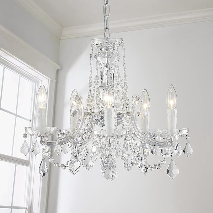 AGV LIGHTING CH001S Modern K9 Crystal Chandelier, Maria Theresa Style Light Fixture, 5-Lights, D20 x H18, Adjustable Chain 59", Chrome Finish Frame
