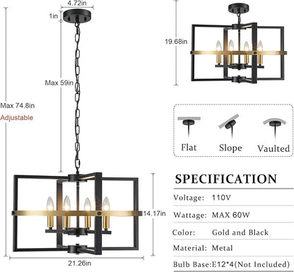21.26'' Black Gold Chandelier 4-Light Modern Industrial Pendant Light Entryway Chandelier for Foyer Farmhouse Ceiling Lighting Fixture for Kitchen Island Dining Room Living Room Bedroom, Adjustable
