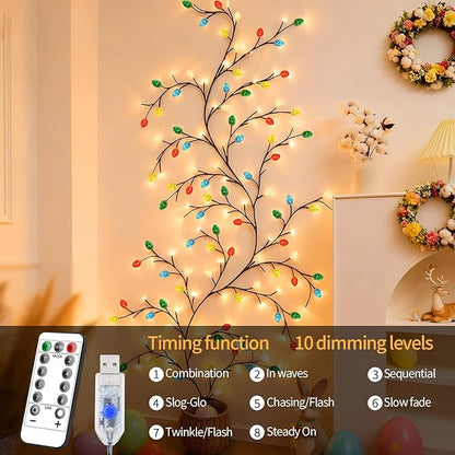 FNHMSL Easter Egg Enchanted Willow Vine Lights, 7.55FT 144LED 4 Color Easter Egg Tree Branch Lights for Wall, Remote Timer,8 Light Model,Bedroom Wall Doors Wedding, Christmas, USB Battery Box