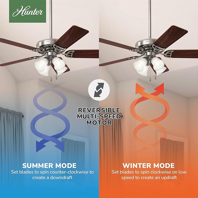Hunter 52 inch Indoor Ceiling Fan with LED Lights and Pull Chain - Standard Mount Ceiling Fan, 5 Blades, For Bedroom, Living Room, or Kitchen, Quiet - Studio Series 53064, Brushed Nickel