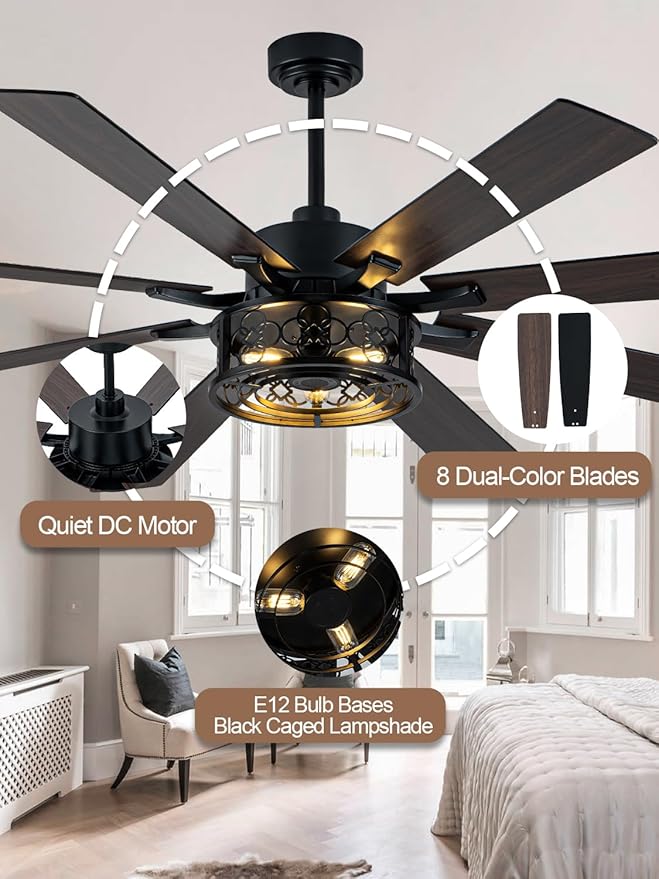 72 Inch Ceiling Fan with Lights and Remote Large Farmhouse Ceiling Fan Black Caged Fandelier Industrial Rustic Chandelier Light, Reversible Quiet DC Motor 6 Speed for Indoor Outdoor