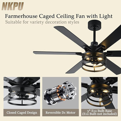 NKPU 52 Inch Farmhouse Ceiling Fan with Light and Remote, Black Industrial Caged Rustic Ceiling Fan with 6 Speed Reversible Motor and Dual Finish 6 Blades, Rustic Ceiling Fan for Living